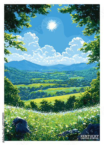 Tableau sur toile Kentucky United States retro travel poster vector illustration showcasing a vibrant summer valley vista framed by trees and white wildflowers