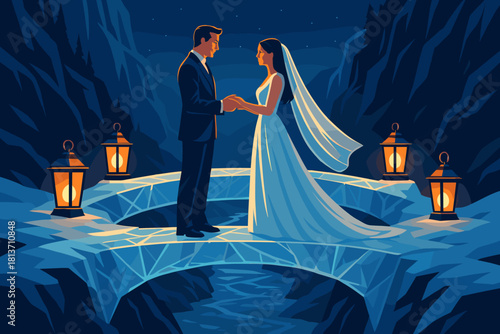 Bride and groom holding hands on icy mountain bridge at night