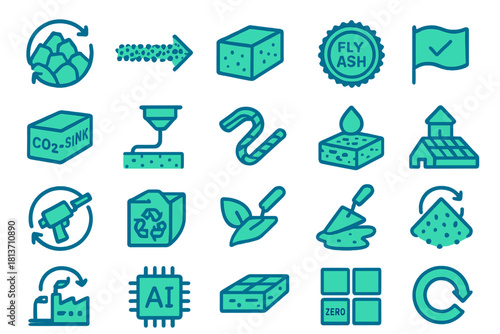 Green Cement & Concrete Icons – CO₂ Sink, Fly Ash, AI & Zero-Carbon Construction Set