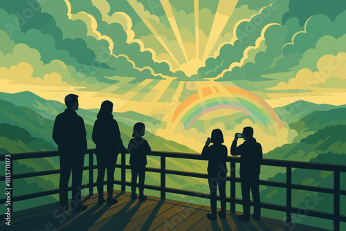 Family enjoying rainbow and sunrays from scenic mountain viewpoint