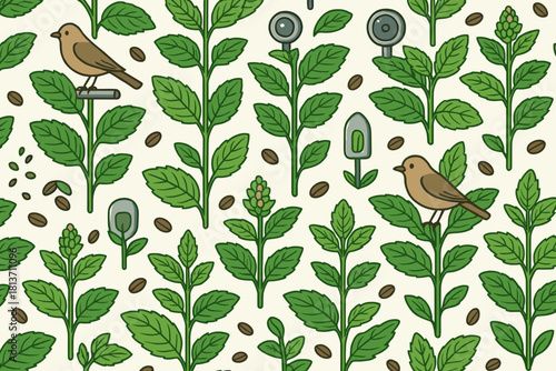 Botanical pattern with birds, plants, and environmental sensors