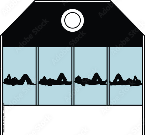 Vector illustration of building cross section with silhouettes of people sleeping in four separate rooms, hostel concept.