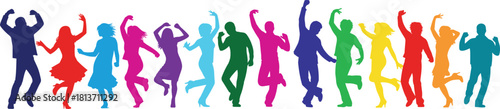 Set of colorful silhouettes of happy people dancing together, group of young men and women jumping, vector illustration.