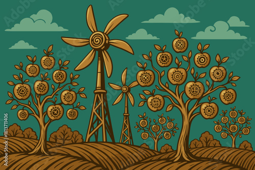 Mechanical apple trees and wind turbines in stylized landscape