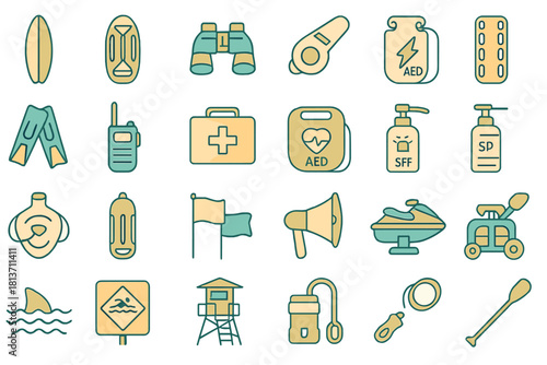 Beach safety and lifeguard equipment icon set – rescue, first aid, water patrol tools