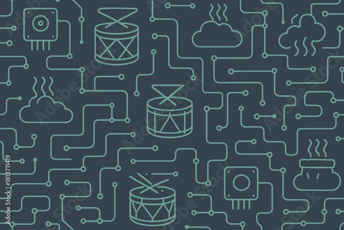Seamless tech pattern with drums, circuits, and cloud icons