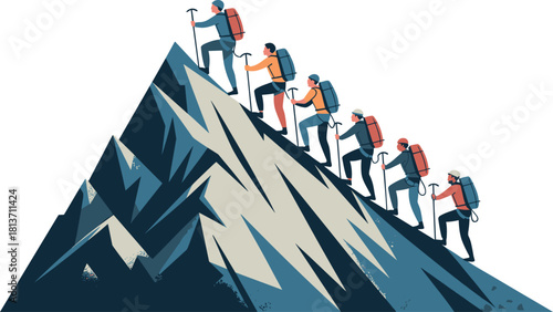 Team of Hikers Climbing Mountain Vector Illustration — Adventure and Teamwork Concept