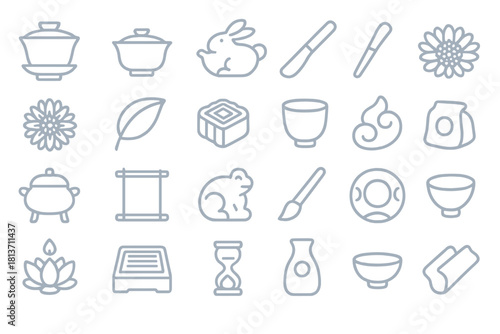 Traditional Asian tea ceremony and spiritual icons – soft outline style