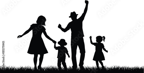 Black silhouette of happy family dancing on grass, father raising hand and mother holding child, vector illustration isolated.