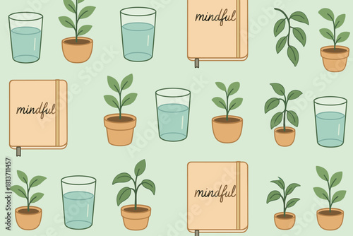 Minimalist mindfulness pattern with journals, plants, and water