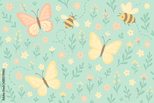 Playful butterflies and bees in a pastel spring garden