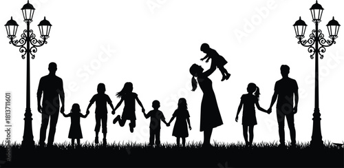 Black silhouettes of big happy family playing in park under street lamps, parents with children having fun, vector illustration.
