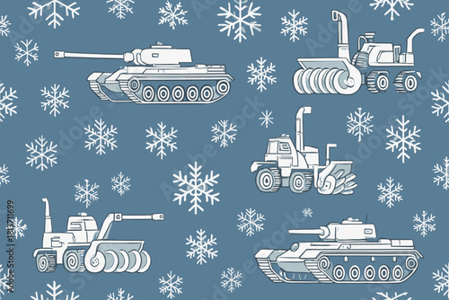 Hand-drawn pattern of tanks and snowplows with snowflakes