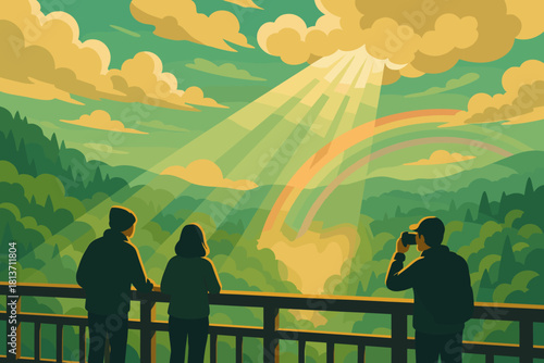 Travelers admiring rainbow and sunlight over forest valley