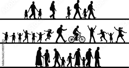 Set of black silhouettes of people walking, families with kids, children playing and elderly seniors on street lines, vector.