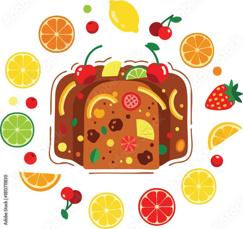 Flat lay illustration of a fruitcake surrounded by various fruits on a white background with a colorful and vibrant mood.