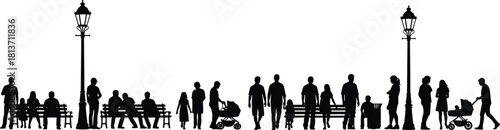 Black silhouette of people in city park, families walking with strollers, sitting on benches under street lamps vector illustration.