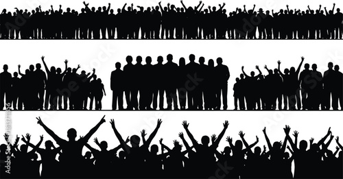 Set of black silhouettes of large crowds of people, cheering audience at concert, fans with raised hands, vector illustration.