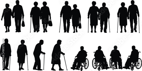 Set of black silhouettes of elderly people walking with canes, senior couples holding hands, and wheelchair users, vector.
