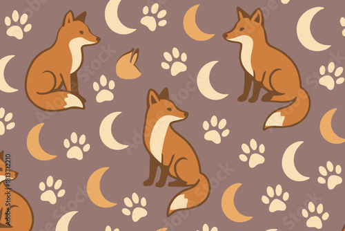 Cute seamless pattern with foxes, paw prints, and crescent moons on brown background