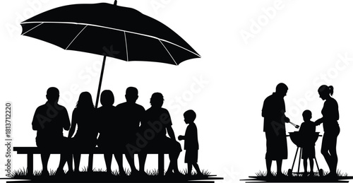 Black silhouettes of big family picnic under umbrella and parents cooking on barbecue grill, summer outdoor party vector.