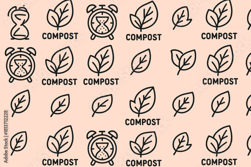 Minimal compost and time icons seamless pattern on neutral background