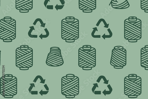 Eco-friendly yarn spool and recycling symbol pattern on green background