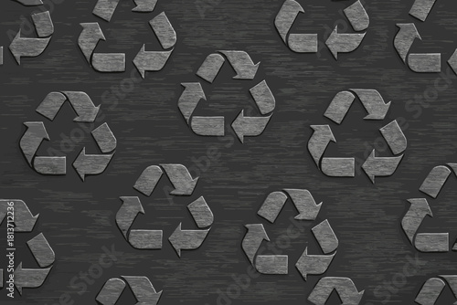 Brushed metal recycle symbol seamless pattern on dark brushed steel background