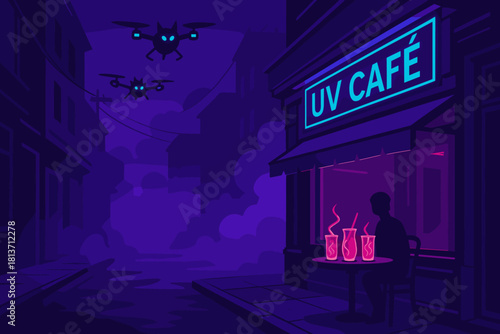 UV Café with glowing drinks and cat-faced drones in a neon mist city