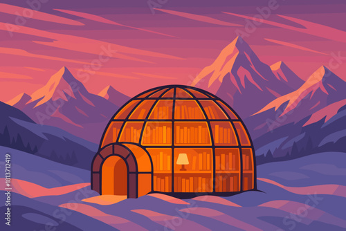Warm igloo library glowing in snowy mountain sunset
