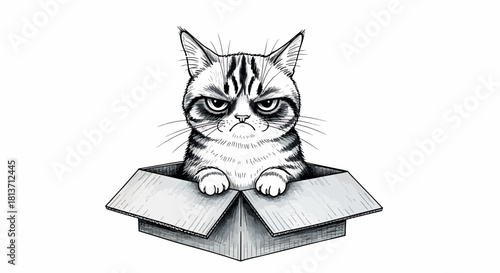 Grumpy Cat in Cardboard Box Black and White Vector Illustration