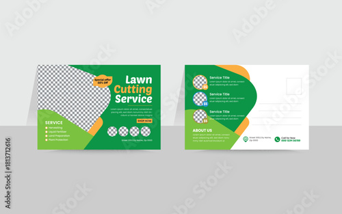 Expert Lawn and Garden Services postcard, rash, Green and Perfectly Clean Lawns, landscaping lawn care postcard, best lawn care Service postcard template,
