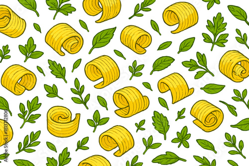 Seamless pasta and herbs pattern on green gradient background