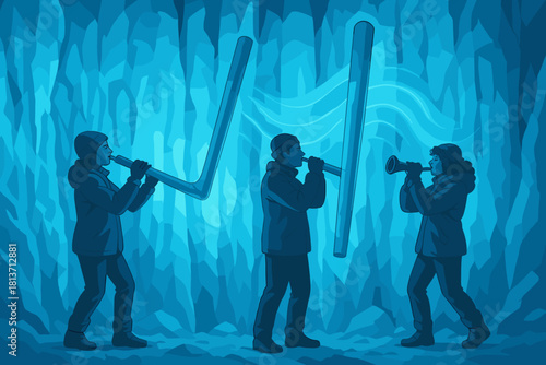 Musicians playing ice instruments in frozen cave