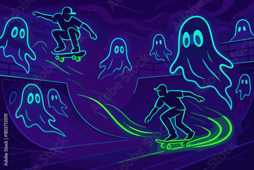 Glow-in-the-dark skateboarders in a haunted skatepark