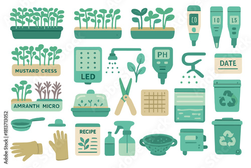 Microgreens growing and indoor gardening icon set
