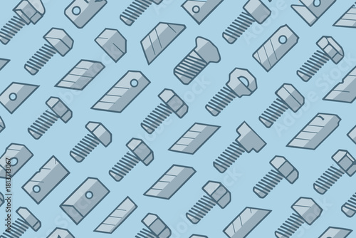 Seamless pattern with metal bolts and industrial machine parts on blue background