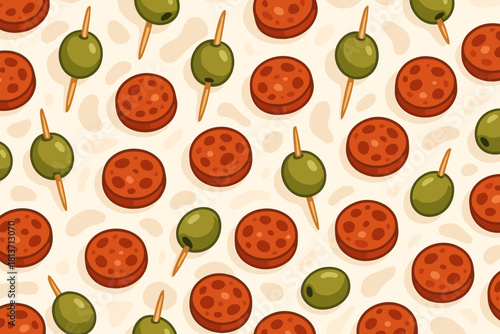Seamless pattern with pepperoni slices and skewered green olives