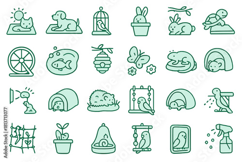 Seamless pattern with pet care icons including cats, dogs, birds, rabbits, and accessories on green background