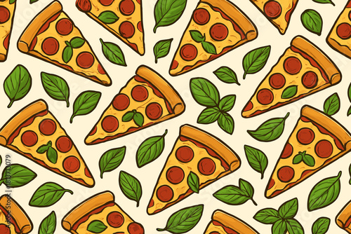 Seamless pattern of pepperoni pizza slices and basil leaves on cream background