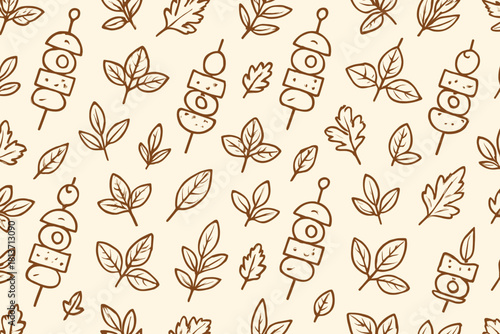 Seamless skewer and herb leaf pattern in hand-drawn style