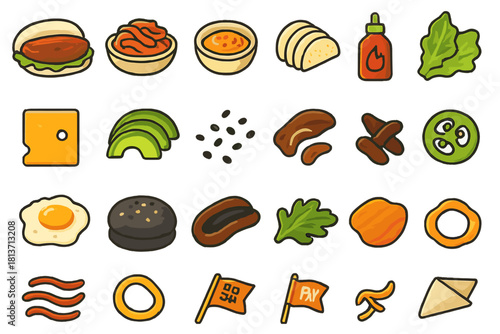 Colorful hand-drawn burger and sandwich ingredient icon set