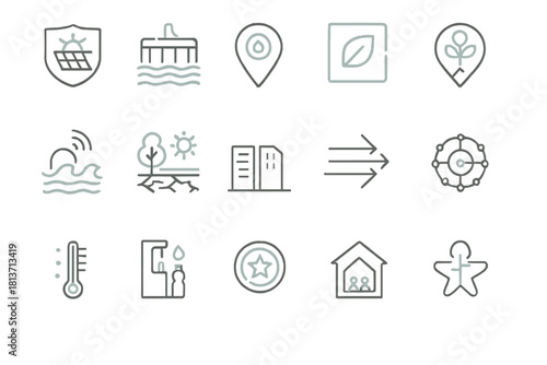 Futuristic environmental and urban sustainability icon set on metallic background