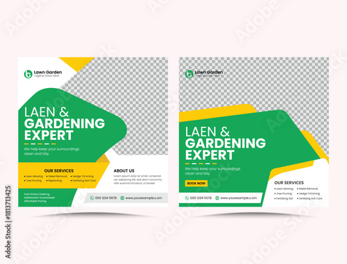 Lawn and garden service social media post, web banner promotion agriculture with abstract green editable modern square poster design.