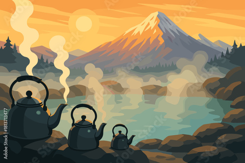 Steaming kettles by a serene mountain hot spring at sunrise