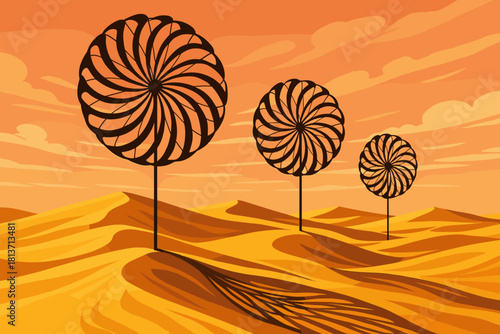 Surreal wind turbines in desert landscape at sunset