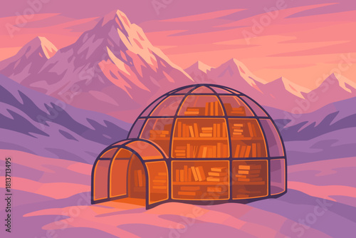Cozy igloo library in snowy mountain landscape at sunset