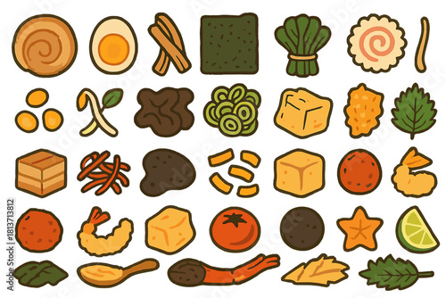 Colorful illustrated icons of ramen toppings and ingredients