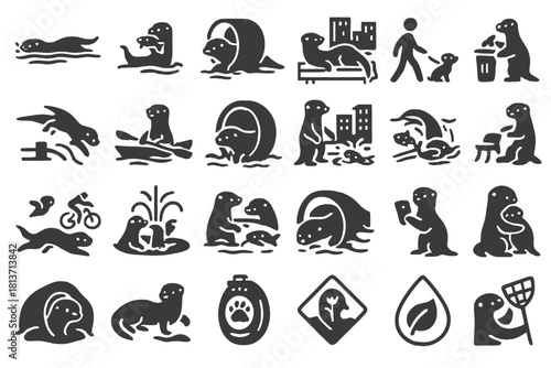 Set of otter character icons showing daily and social activities