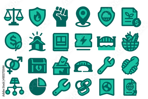 Set of teal civic, social, and environmental icons